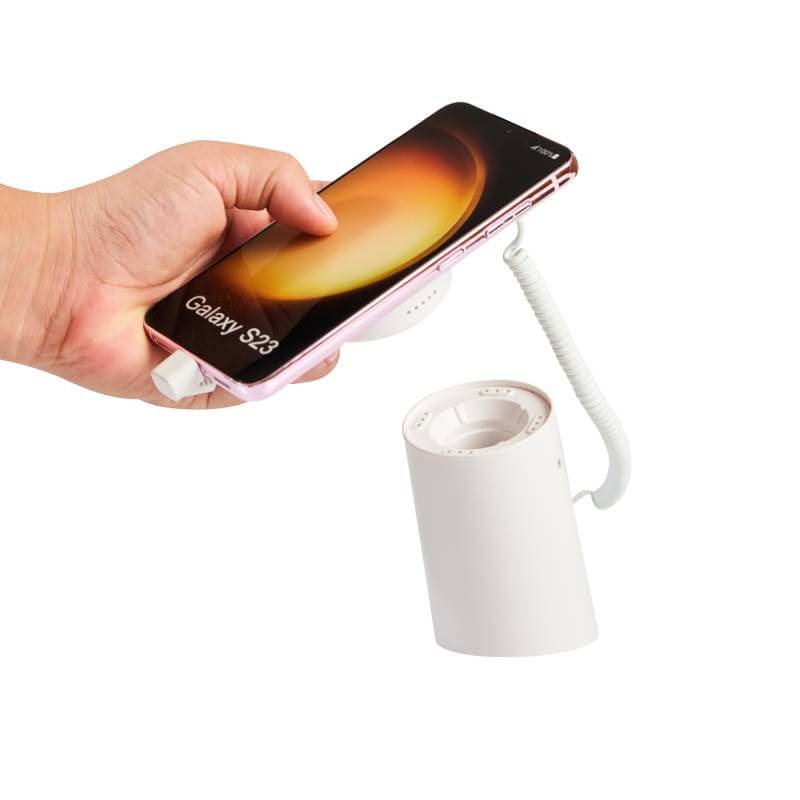 MES1008 spring cable alarm phone display stand — external coiled cable
