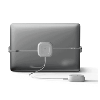 Laptop security lock E-lock with strap and alarm module on the back of a notebook