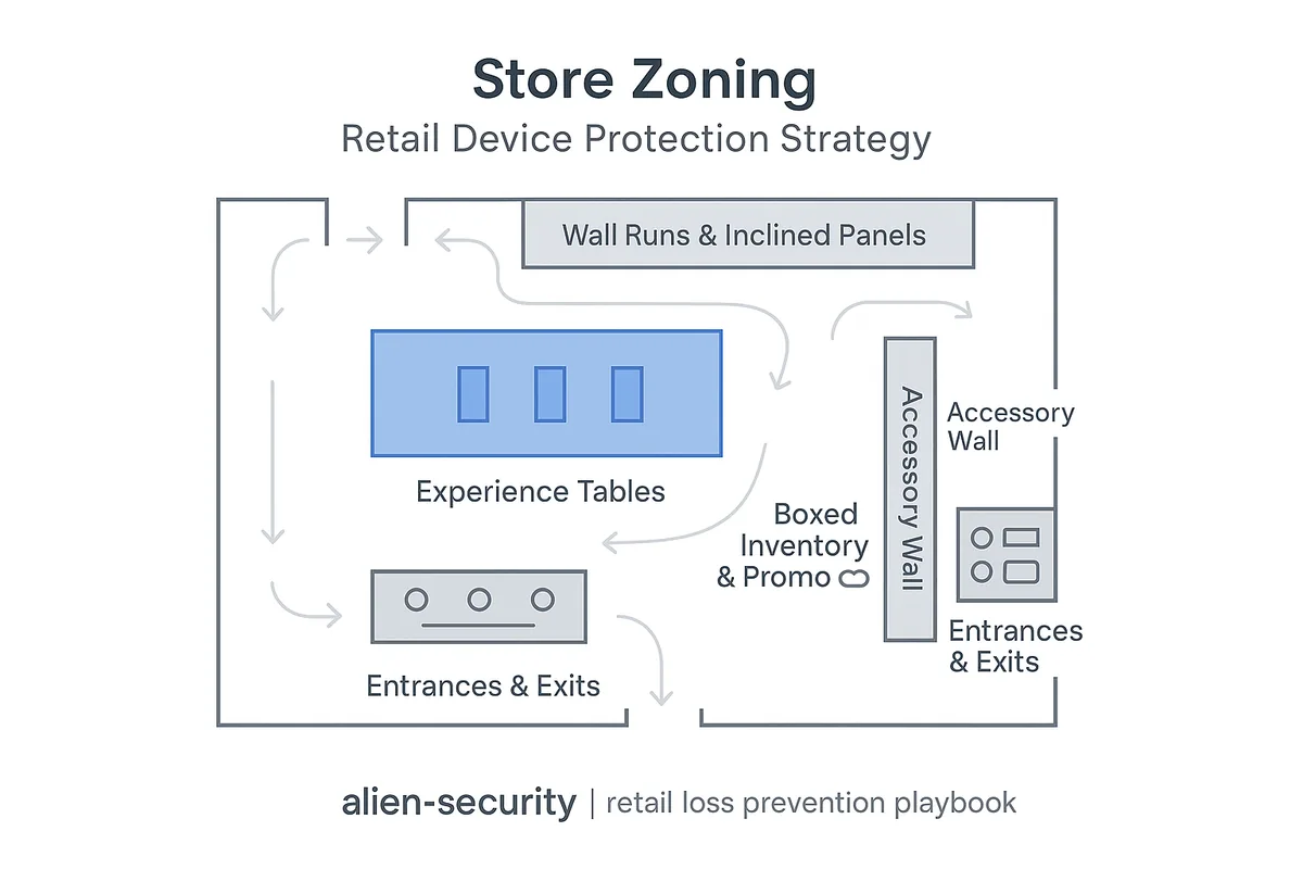 Store zoning diagram for mobile anti theft devices